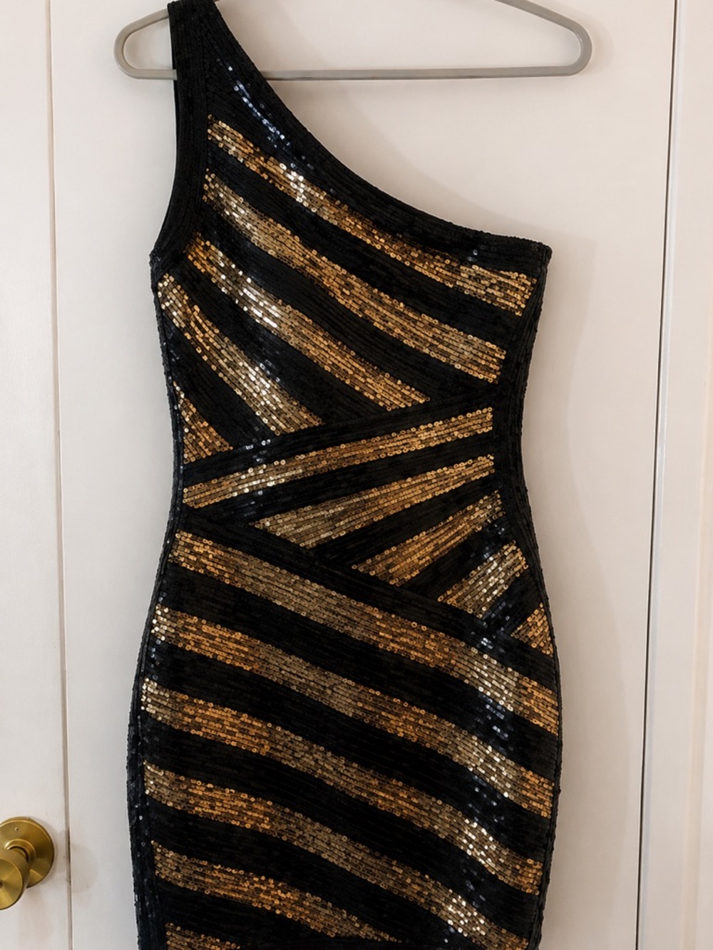 bebe Black Gold Sequin One Shoulder Bodycon Mini Dress Small - Picture 2 of 8